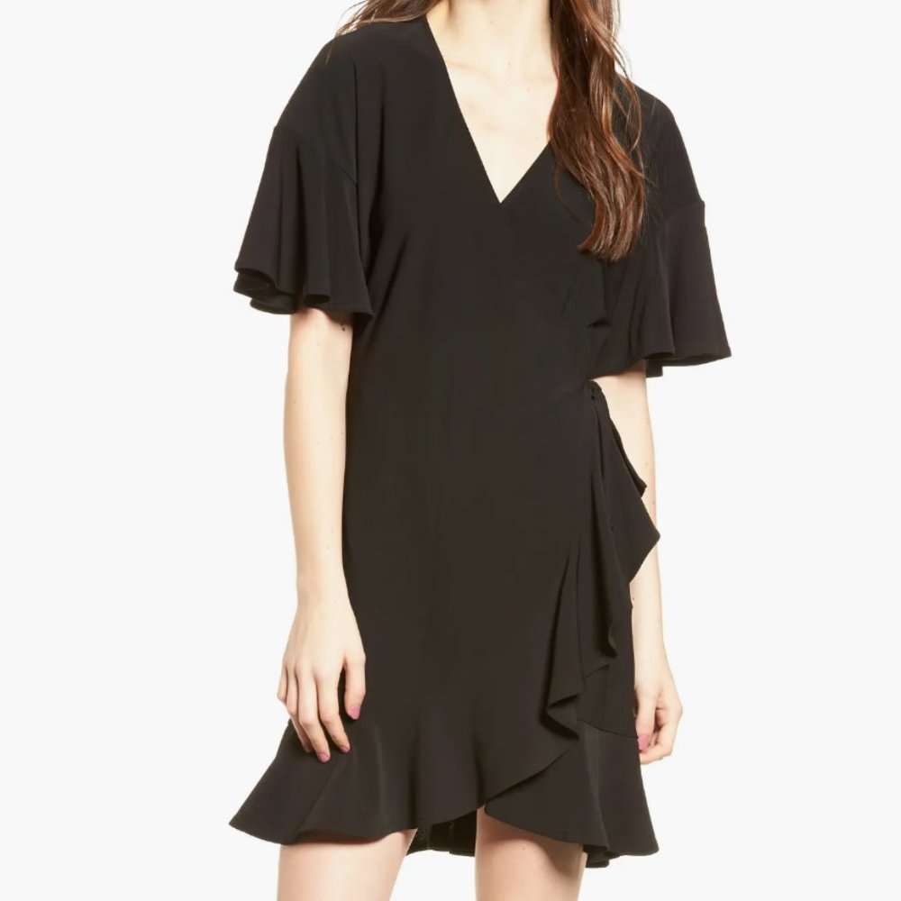 Leith Womens Flounce Sleeve Wrap Ruffle Dress Mini Solid Black Size Medium